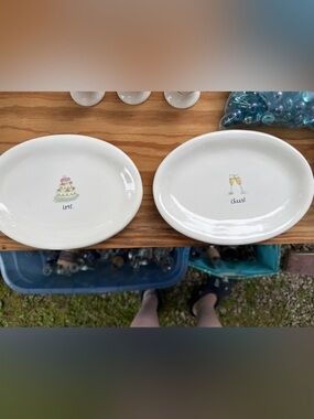 Rae Dunn "LOVE" Cake & "Cheers" Champagne Ceramic Oval Platter Set - Pack of 2